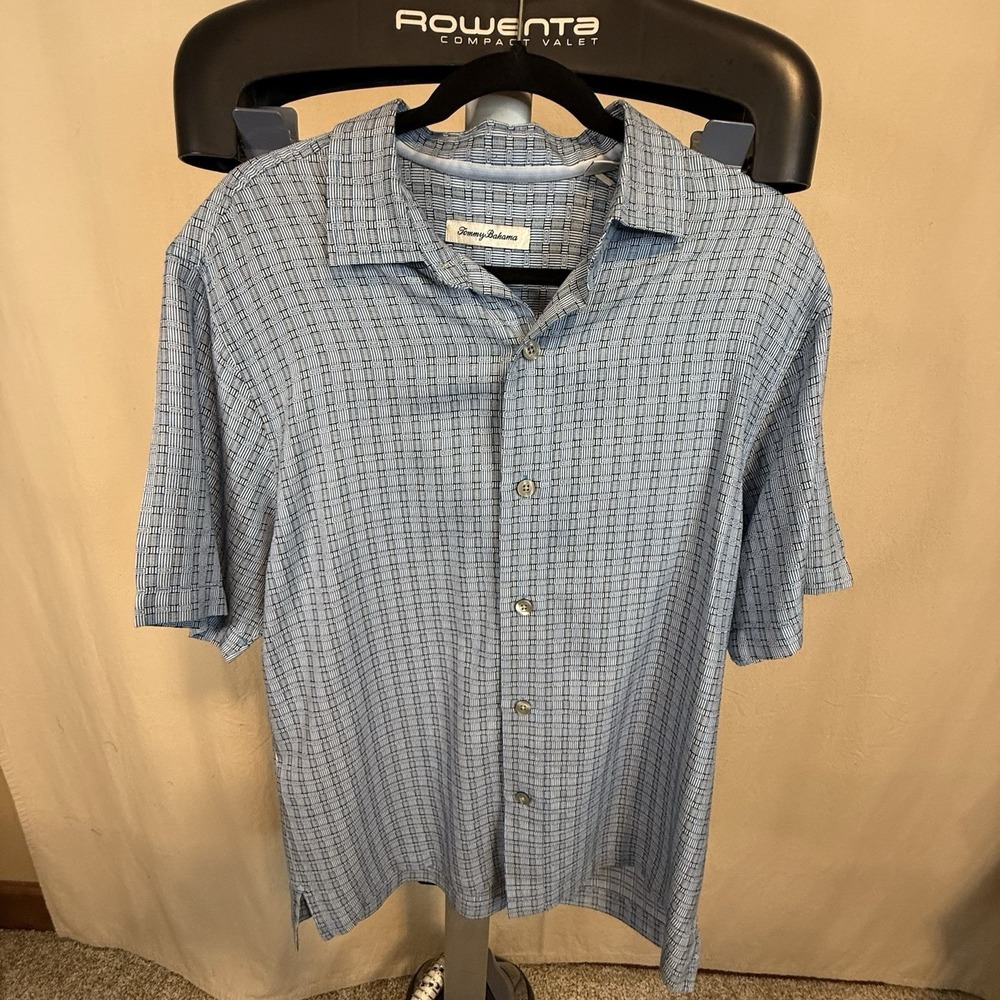 Tommy Bahama Men's Short Sleeve 100% Silk Aloha‎ Shirt, M, Blue Geometric Print